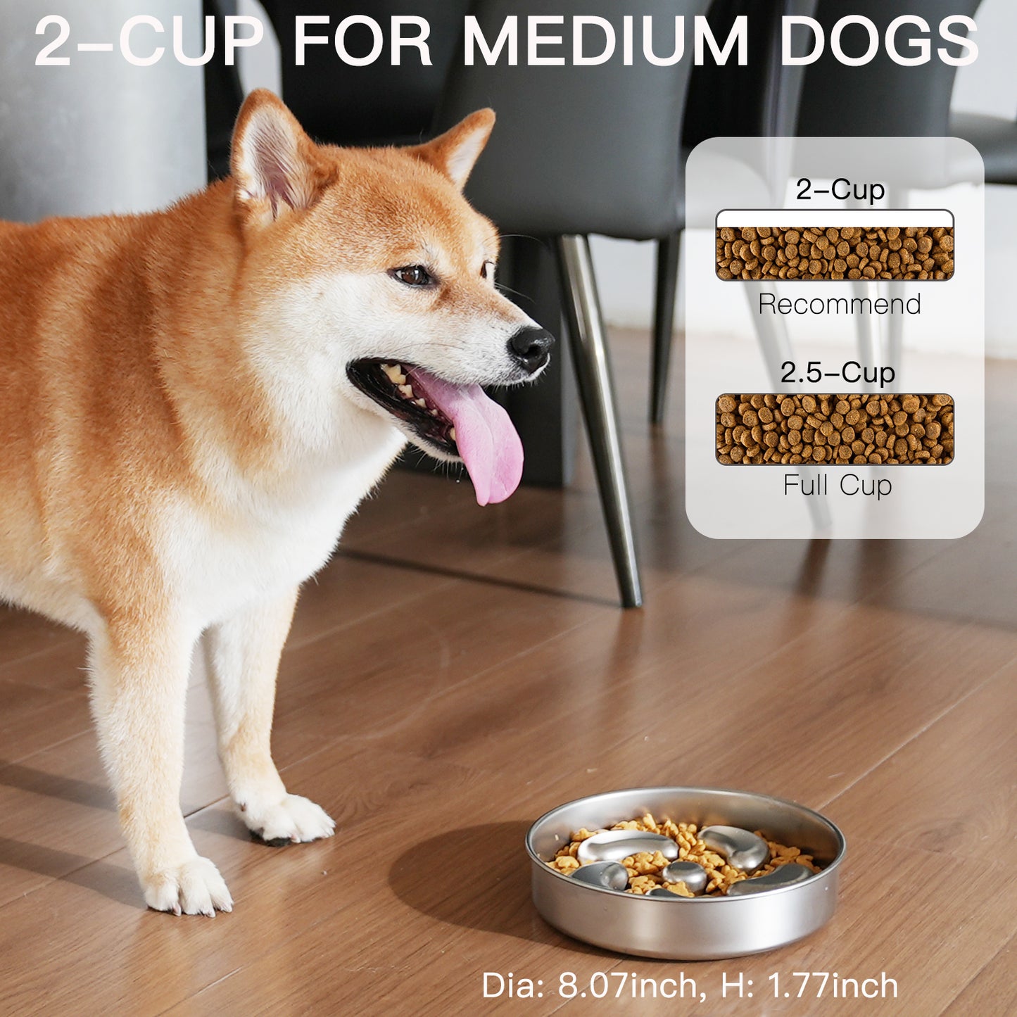 Double-Wall Non-Skid Stainless Steel Slow Feeder Dog Bowl, Medium: 2-Cup