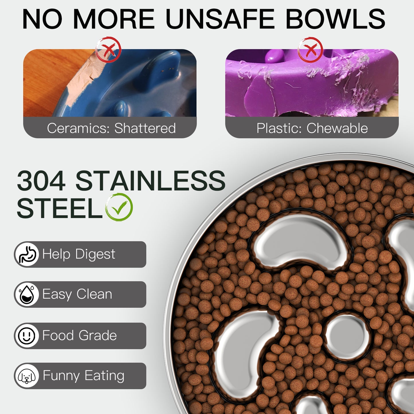 Double-Wall Non-Skid Stainless Steel Slow Feeder Dog Bowl, Medium: 2-Cup