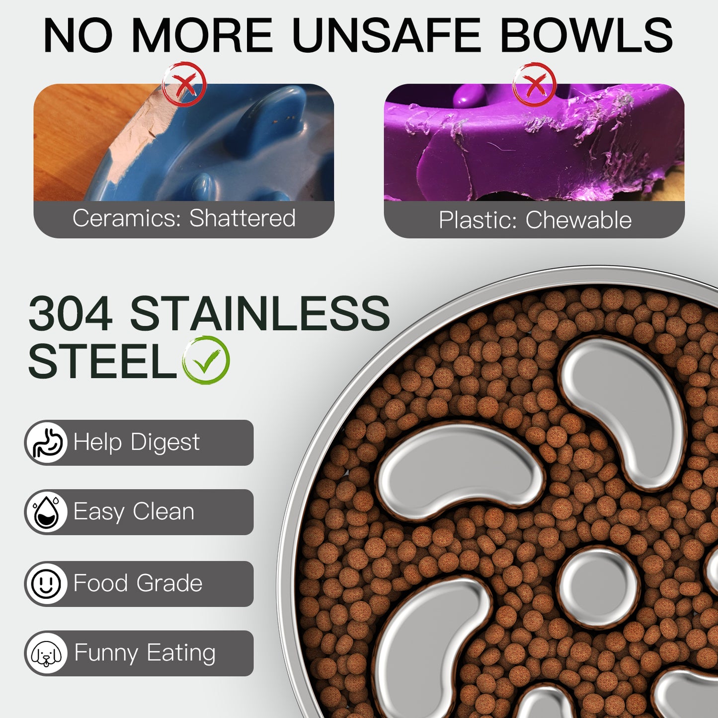 Double-Wall Non-Skid Stainless Steel Slow Feeder Dog Bowl, Large: 3-cup